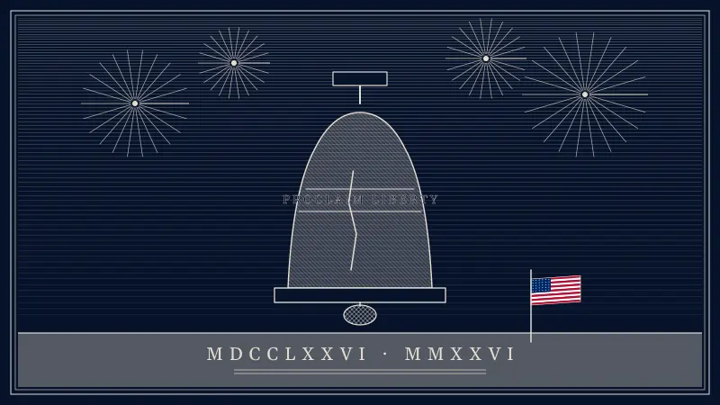 Engraved-style scene of a large cracked liberty bell beneath fireworks, inscribed “Proclaim Liberty,” with the Roman numerals for 1776 and 2026 below and a small American flag beside it.