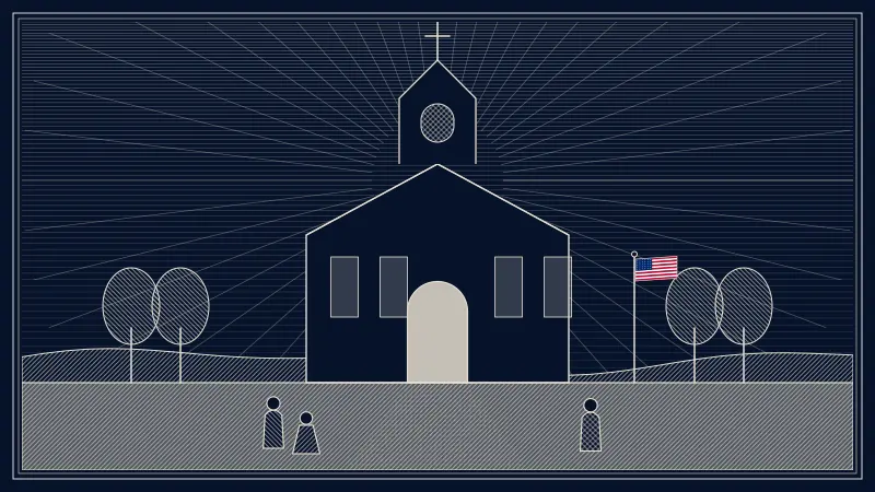 Engraved-style scene of a white country church with a cross on its steeple and light pouring from its open doors, trees on either side, small stylized figures walking up the path, and a small American flag.
