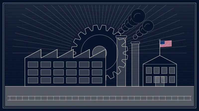Engraved-style scene of a sawtooth-roof factory with smokestacks, a large gear rising behind it like a sun, and a small American flag on the roof.