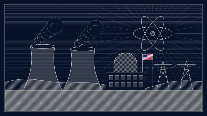 Engraved-style scene of two nuclear cooling towers releasing steam beside a reactor dome and power pylons, with an atom symbol glowing in the sky and a small American flag.