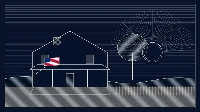 Engraved-style scene of a farmhouse with a wide front porch, a small American flag hanging from a porch post, a picket fence and a tree beside a setting sun.