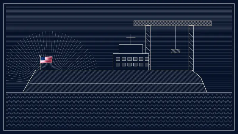 Engraved-style scene of a ship’s hull in a harbor beneath a lattice gantry crane, with a low sun on the horizon and a small American flag at the bow.