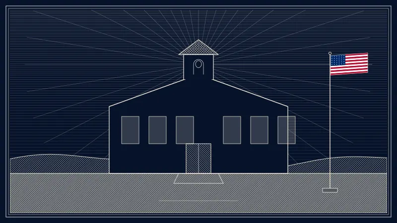 Engraved-style scene of a one-room schoolhouse with a bell tower under a radiant sky, and a flagpole flying a small American flag in the schoolyard.